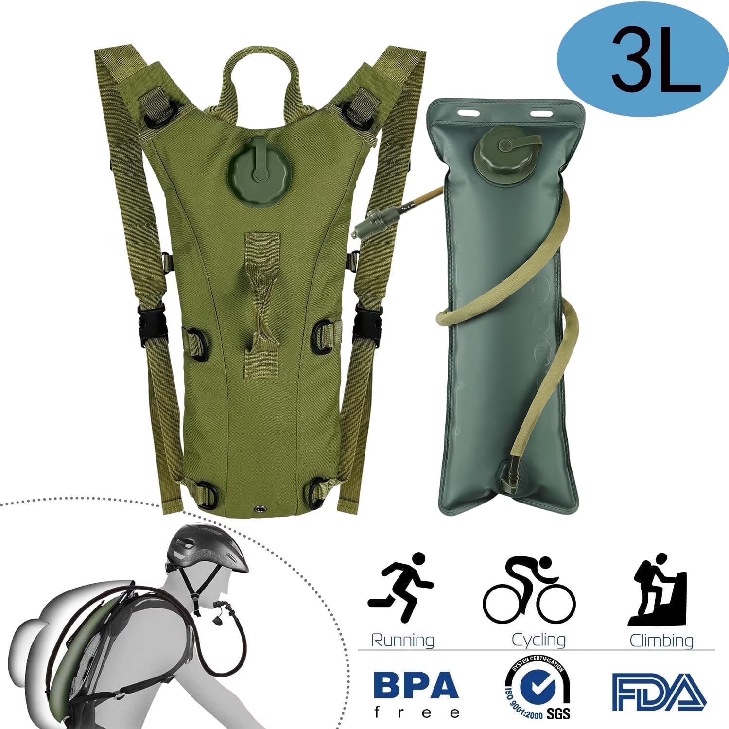 3L Water Bladder Bag Hiking Camping Hydration Backpack Outdoor